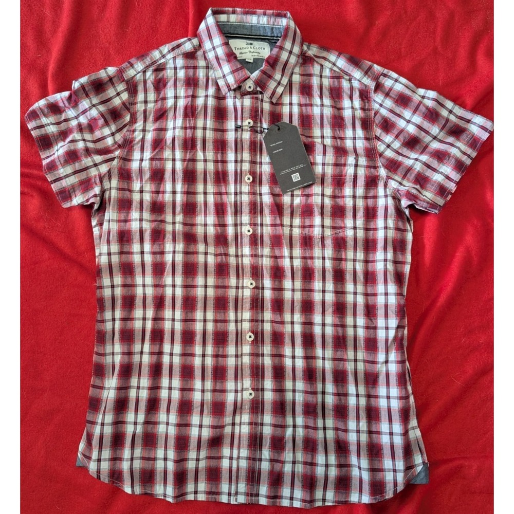 NEW Thread And Cloth Cotton Short Sleeve Mens Red Plaid Dress Shirt Size Small